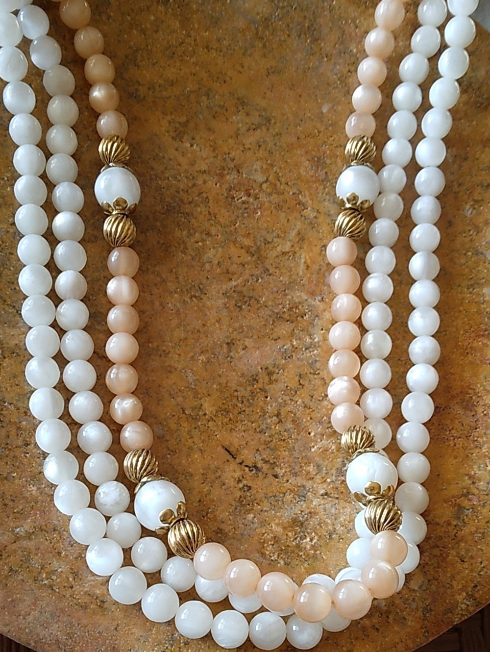 1928 Multi-Strand White and Peach Beaded Necklace with Gold Accents